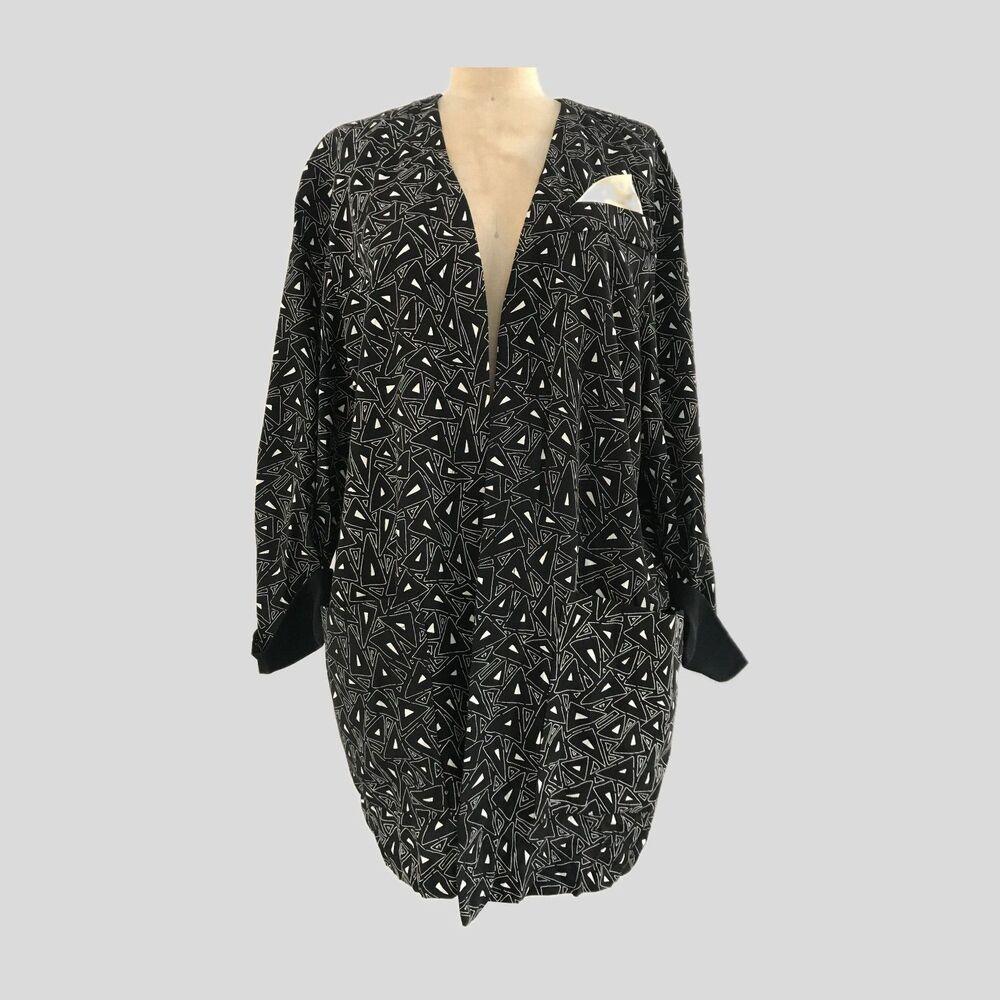 Vintage 90s Black White Geometric Print Long Sleeve Oversized Blazer, Womens M/L